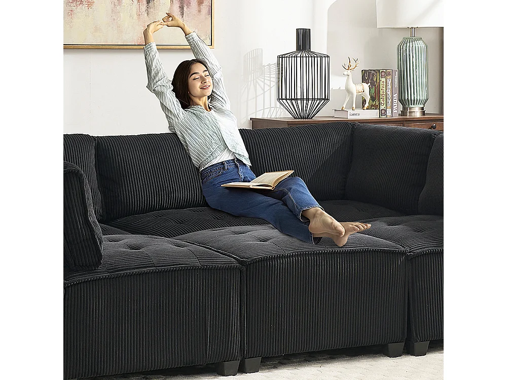 Canapé d'angle 6 places en velours côtelé ergonomique avec poches de rangement modulable en U/L ou lit structure bois métal montage facile noir