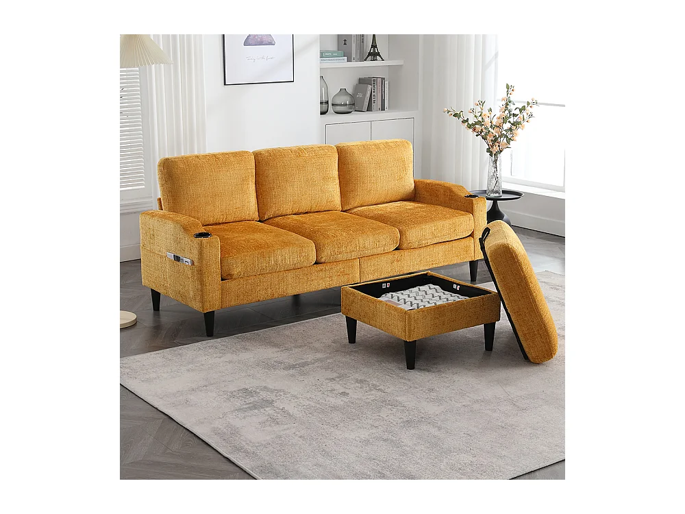 Canapé d'angle 4 places avec pouf et coffre de rangement accoudoirs porte-gobelets poches latérales pieds en plastique revêtement en chenille jaune