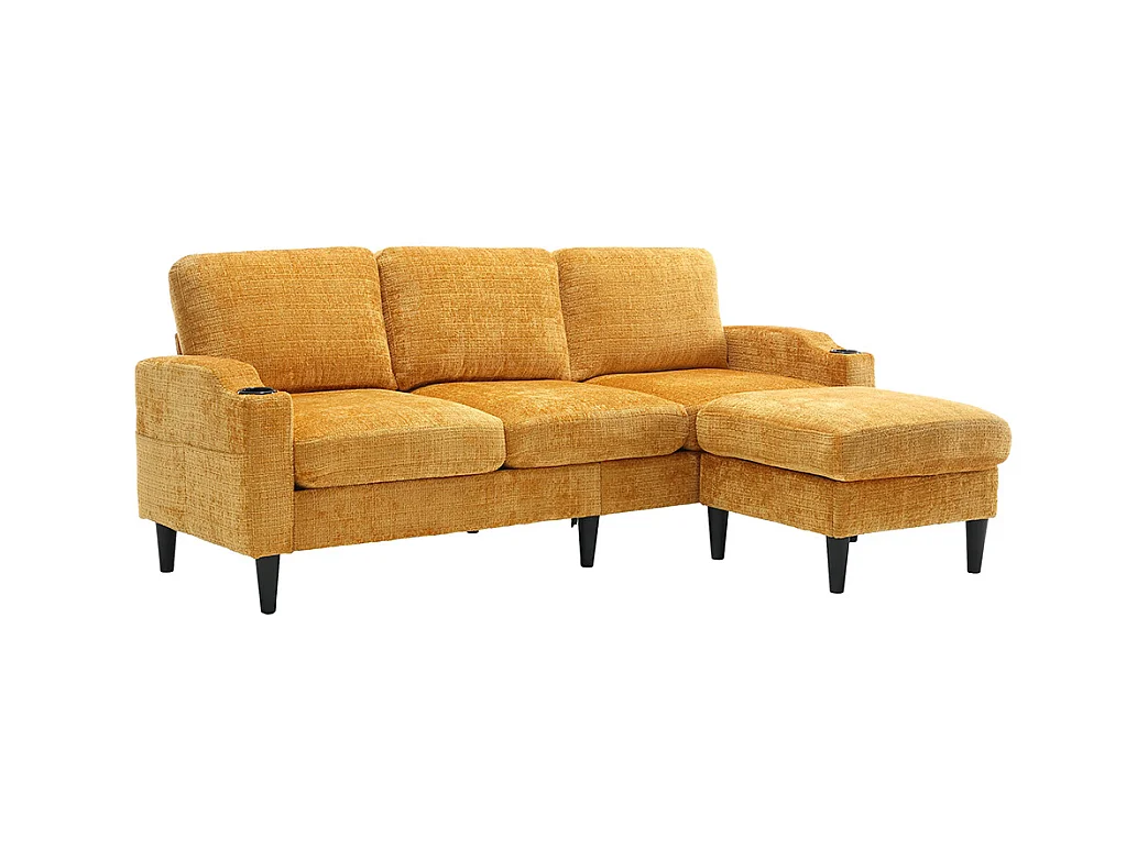 Canapé d'angle 4 places avec pouf et coffre de rangement accoudoirs porte-gobelets poches latérales pieds en plastique revêtement en chenille jaune