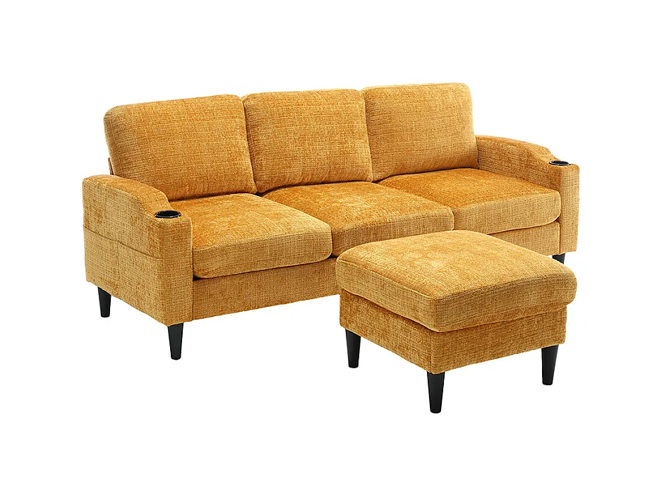 Canapé d'angle 4 places avec pouf et coffre de rangement accoudoirs porte-gobelets poches latérales pieds en plastique revêtement en chenille jaune
