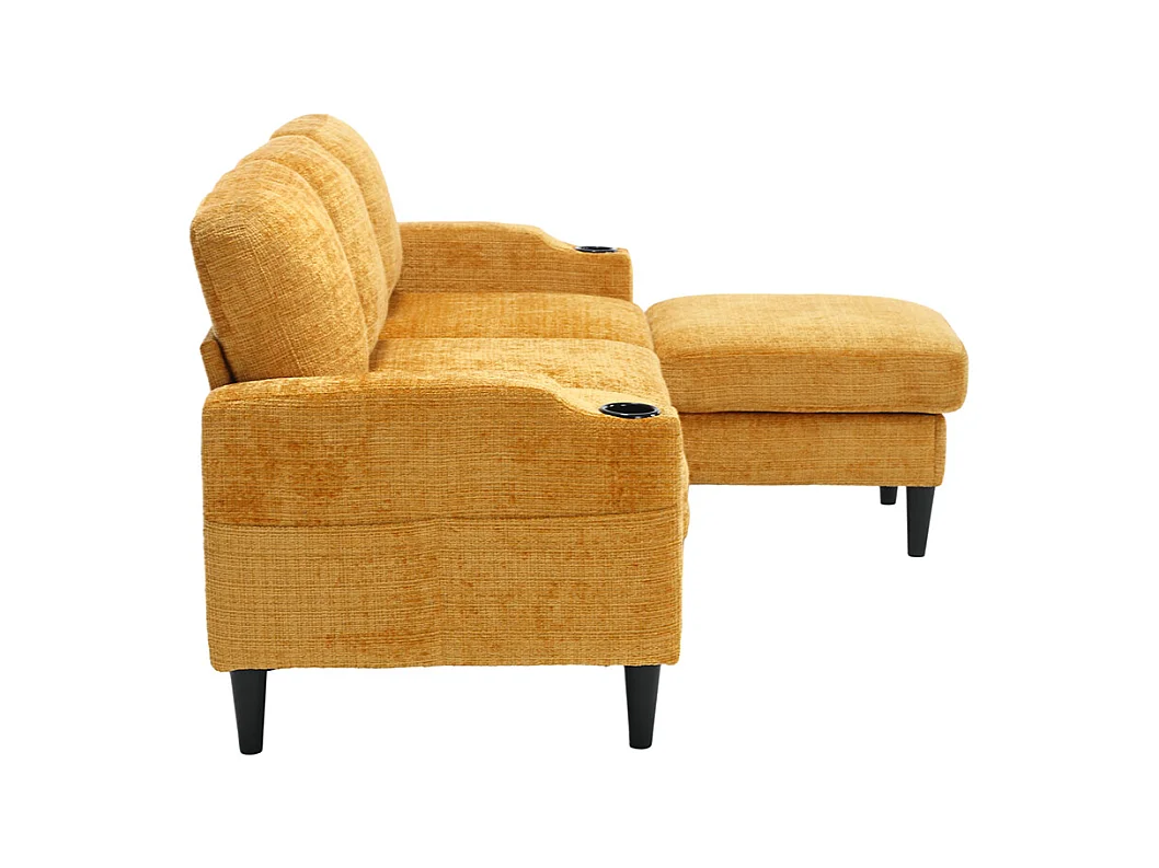 Canapé d'angle 4 places avec pouf et coffre de rangement accoudoirs porte-gobelets poches latérales pieds en plastique revêtement en chenille jaune