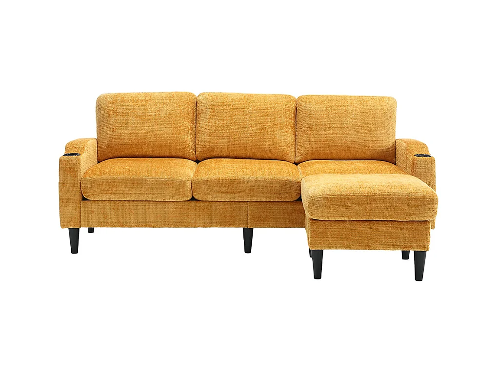 Canapé d'angle 4 places avec pouf et coffre de rangement accoudoirs porte-gobelets poches latérales pieds en plastique revêtement en chenille jaune