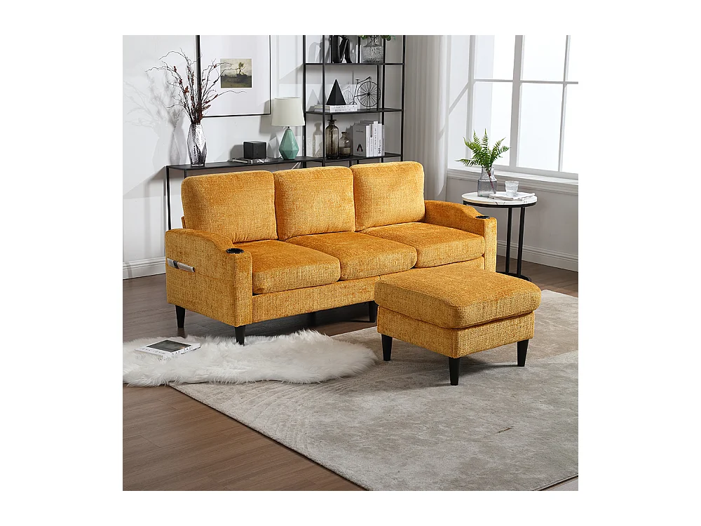 Canapé d'angle 4 places avec pouf et coffre de rangement accoudoirs porte-gobelets poches latérales pieds en plastique revêtement en chenille jaune