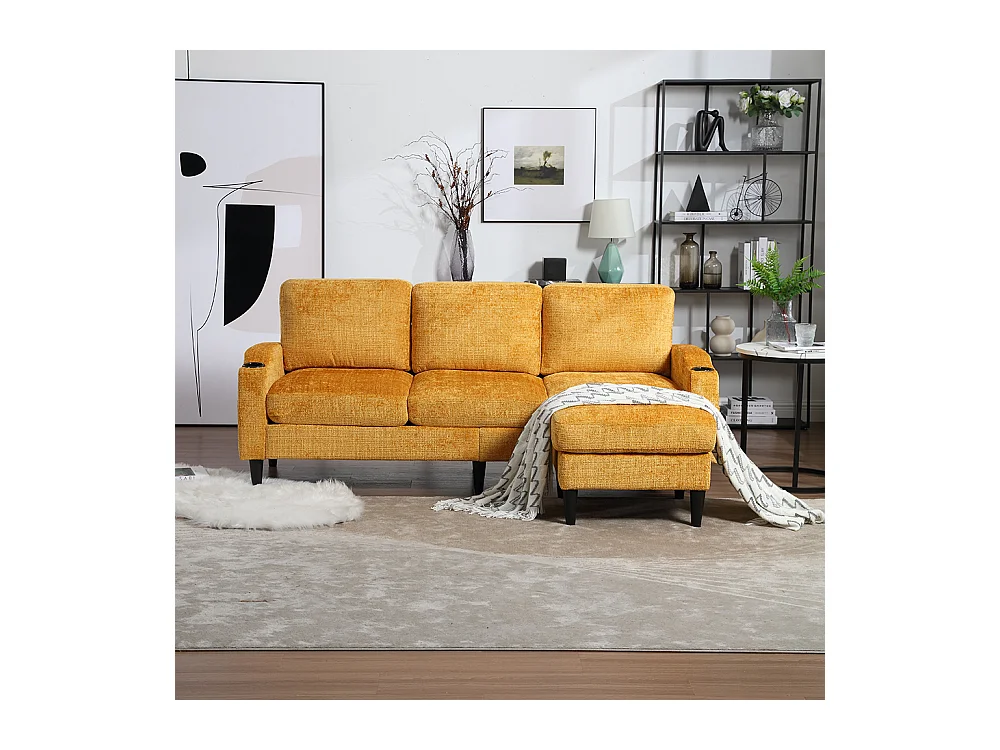 Canapé d'angle 4 places avec pouf et coffre de rangement accoudoirs porte-gobelets poches latérales pieds en plastique revêtement en chenille jaune