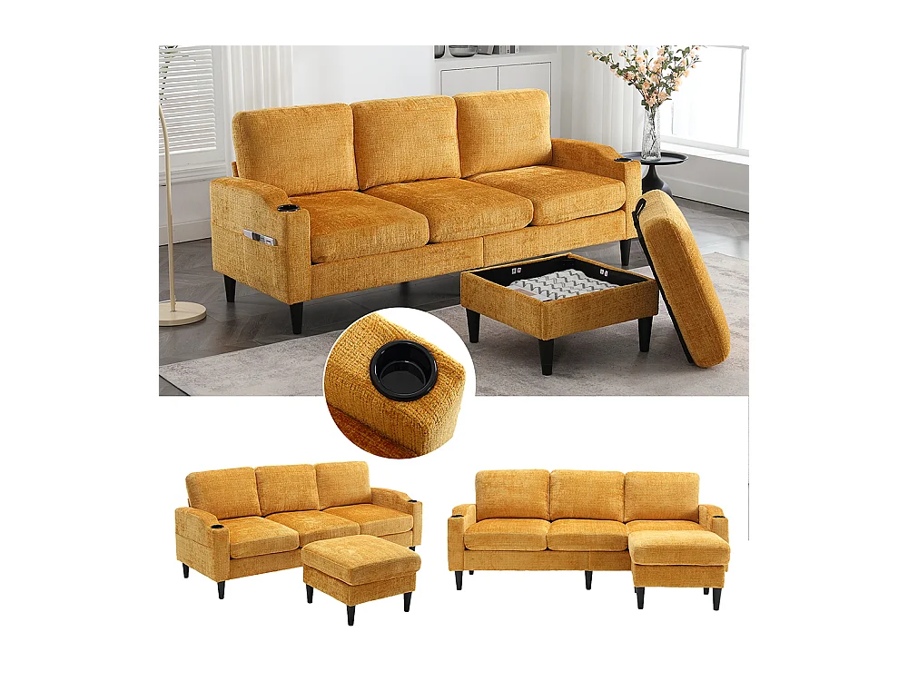 Canapé d'angle 4 places avec pouf et coffre de rangement accoudoirs porte-gobelets poches latérales pieds en plastique revêtement en chenille jaune