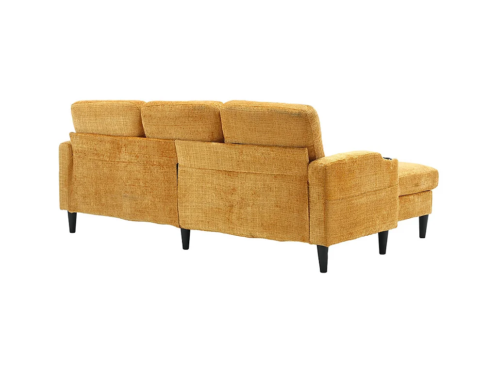 Canapé d'angle 4 places avec pouf et coffre de rangement accoudoirs porte-gobelets poches latérales pieds en plastique revêtement en chenille jaune