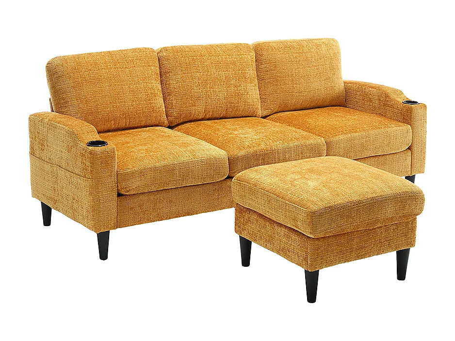 Canapé d'angle 4 places avec pouf et coffre de rangement accoudoirs porte-gobelets poches latérales pieds en plastique revêtement en chenille jaune