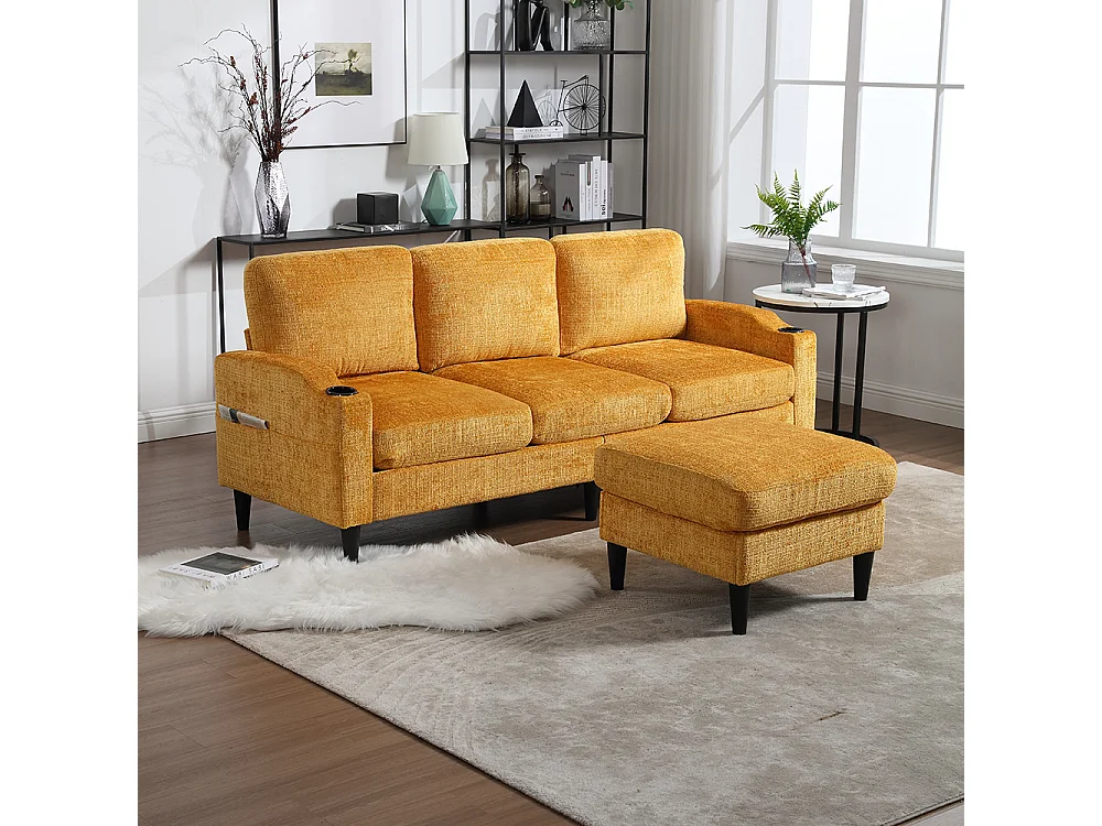 Canapé d'angle 4 places avec pouf et coffre de rangement accoudoirs porte-gobelets poches latérales pieds en plastique revêtement en chenille jaune