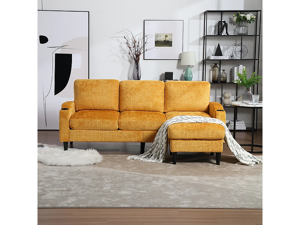 Canapé d'angle 4 places avec pouf et coffre de rangement accoudoirs porte-gobelets poches latérales pieds en plastique revêtement en chenille jaune