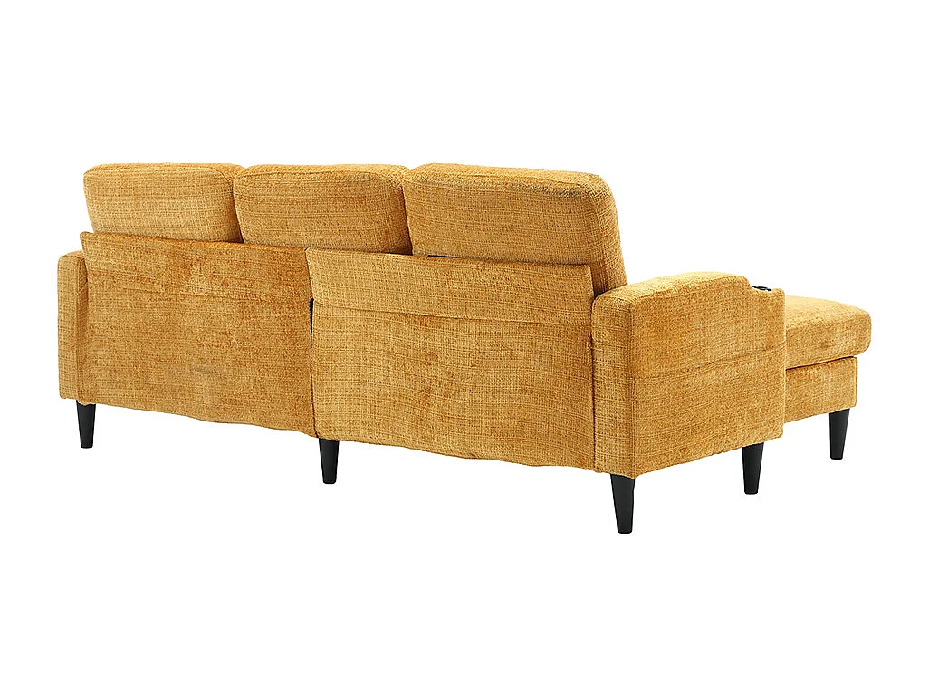 Canapé d'angle 4 places avec pouf et coffre de rangement accoudoirs porte-gobelets poches latérales pieds en plastique revêtement en chenille jaune