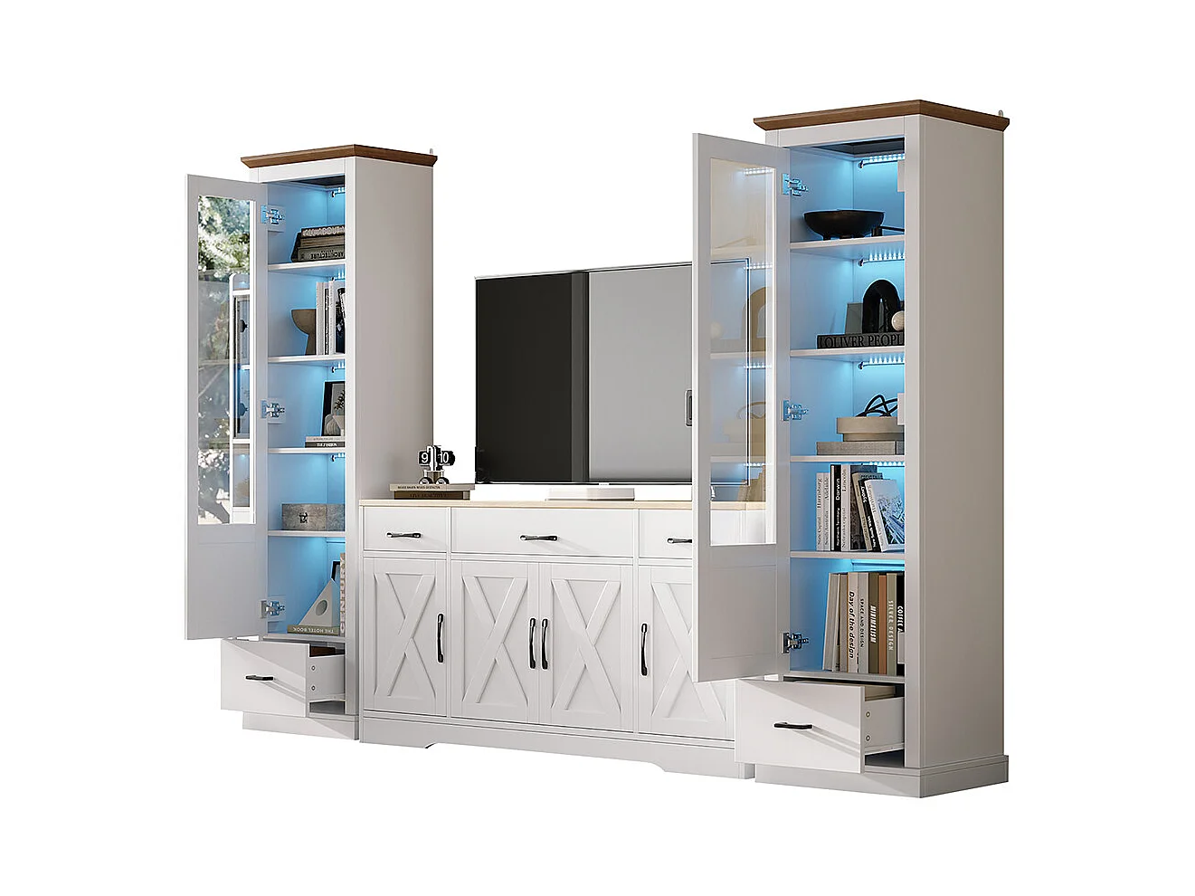 Ensemble de salon combo deux vitrines LED modernes blanc mat un buffet de salle à manger blanc moderne Armoire en bois multifonctionnelle avec décoration