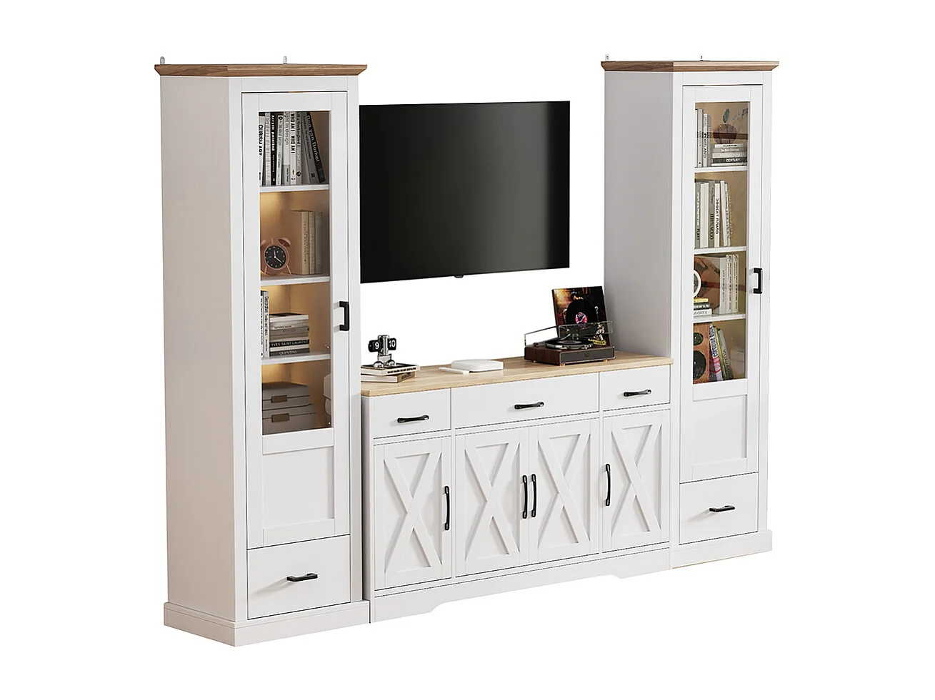 Ensemble de salon combo deux vitrines LED modernes blanc mat un buffet de salle à manger blanc moderne Armoire en bois multifonctionnelle avec décoration