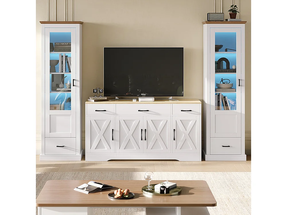 Ensemble de salon combo deux vitrines LED modernes blanc mat un buffet de salle à manger blanc moderne Armoire en bois multifonctionnelle avec décoration