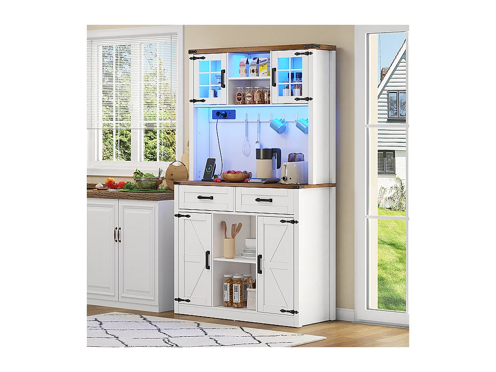 Buffet de cuisine meuble bar avec éclairage LED et prises avec 2 grands tiroirs design porte de grange étagères réglables table d'appoint rustique blanc