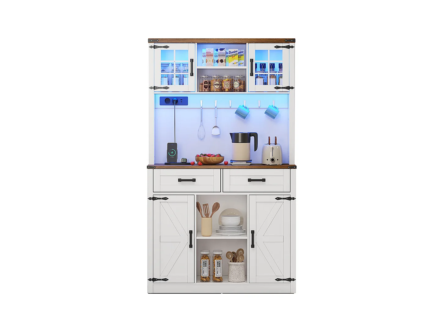Buffet de cuisine meuble bar avec éclairage LED et prises avec 2 grands tiroirs design porte de grange étagères réglables table d'appoint rustique blanc