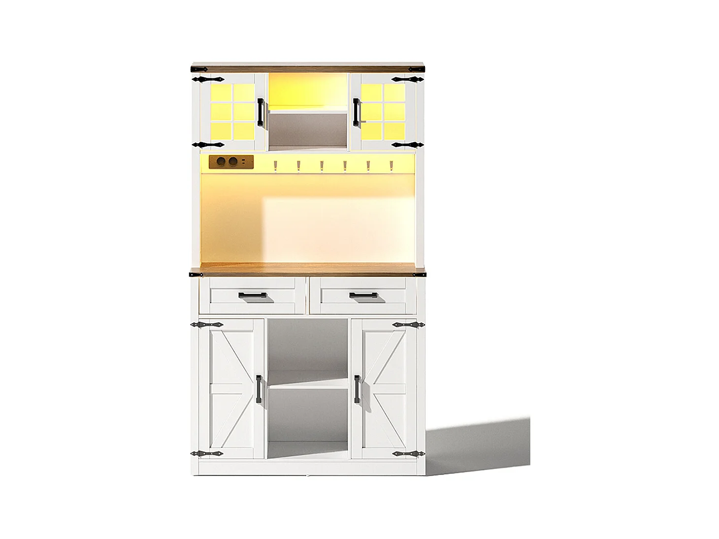Buffet de cuisine meuble bar avec éclairage LED et prises avec 2 grands tiroirs design porte de grange étagères réglables table d'appoint rustique blanc