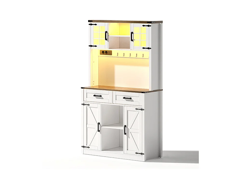 Buffet de cuisine meuble bar avec éclairage LED et prises avec 2 grands tiroirs design porte de grange étagères réglables table d'appoint rustique blanc