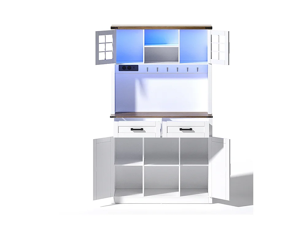 Buffet de cuisine meuble bar avec éclairage LED et prises avec 2 grands tiroirs design porte de grange étagères réglables table d'appoint rustique blanc