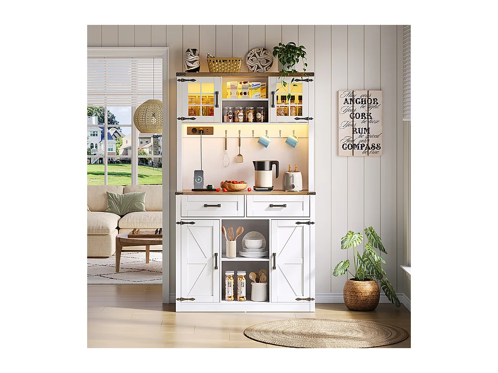 Buffet de cuisine meuble bar avec éclairage LED et prises avec 2 grands tiroirs design porte de grange étagères réglables table d'appoint rustique blanc