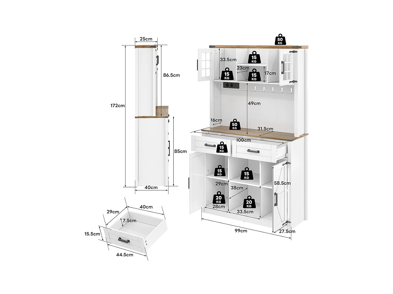 Buffet de cuisine meuble bar avec éclairage LED et prises avec 2 grands tiroirs design porte de grange étagères réglables table d'appoint rustique blanc