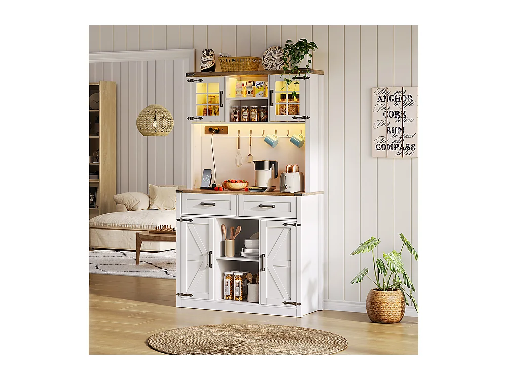 Buffet de cuisine meuble bar avec éclairage LED et prises avec 2 grands tiroirs design porte de grange étagères réglables table d'appoint rustique blanc