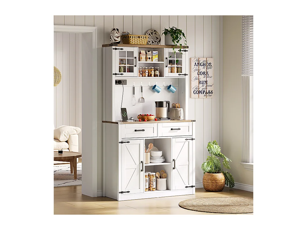 Buffet de cuisine meuble bar avec éclairage LED et prises avec 2 grands tiroirs design porte de grange étagères réglables table d'appoint rustique blanc