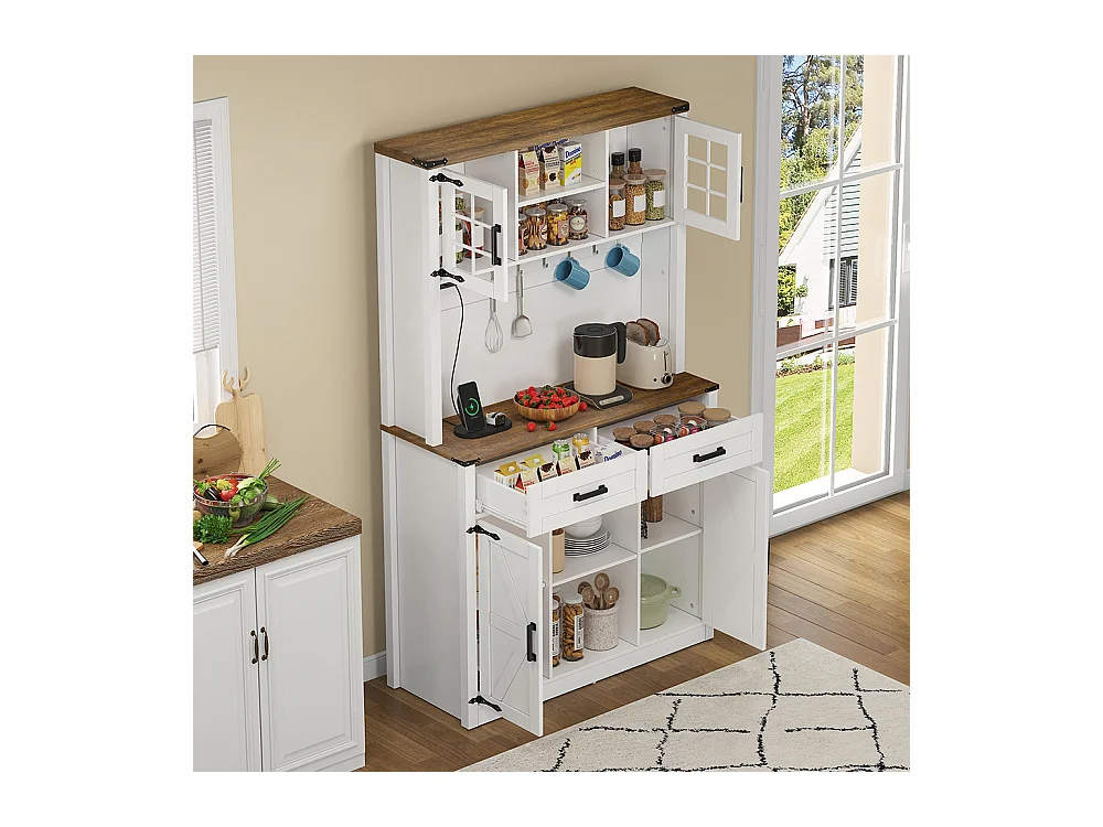 Buffet de cuisine meuble bar avec éclairage LED et prises avec 2 grands tiroirs design porte de grange étagères réglables table d'appoint rustique blanc