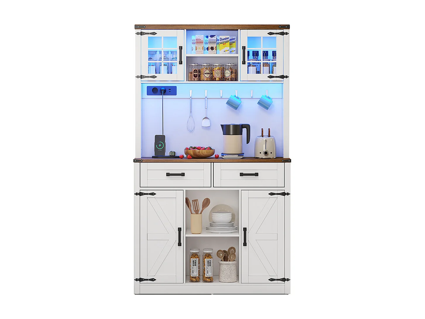 Buffet de cuisine meuble bar avec éclairage LED et prises avec 2 grands tiroirs design porte de grange étagères réglables table d'appoint rustique blanc