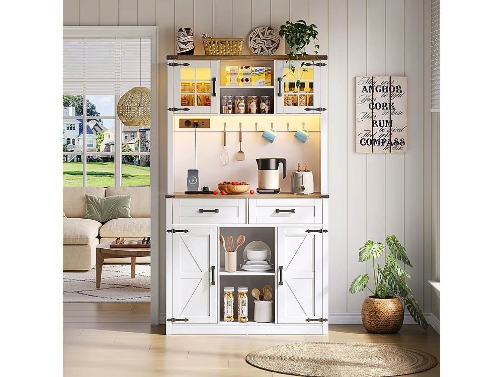Buffet de cuisine meuble bar avec éclairage LED et prises avec 2 grands tiroirs design porte de grange étagères réglables table d'appoint rustique blanc