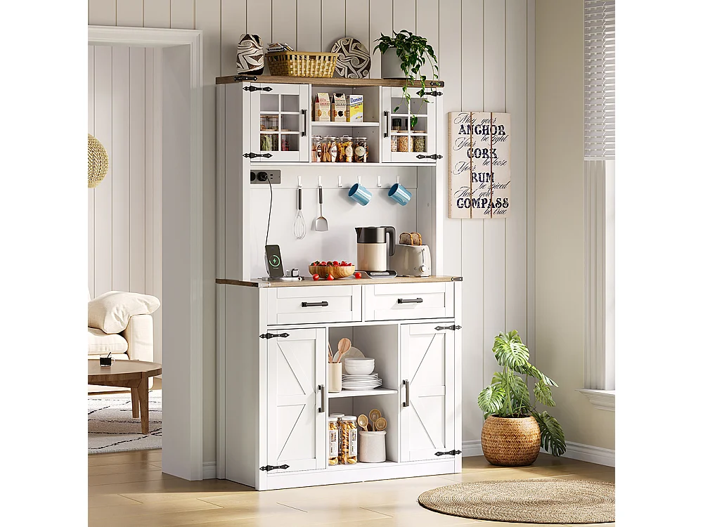 Buffet de cuisine meuble bar avec éclairage LED et prises avec 2 grands tiroirs design porte de grange étagères réglables table d'appoint rustique blanc