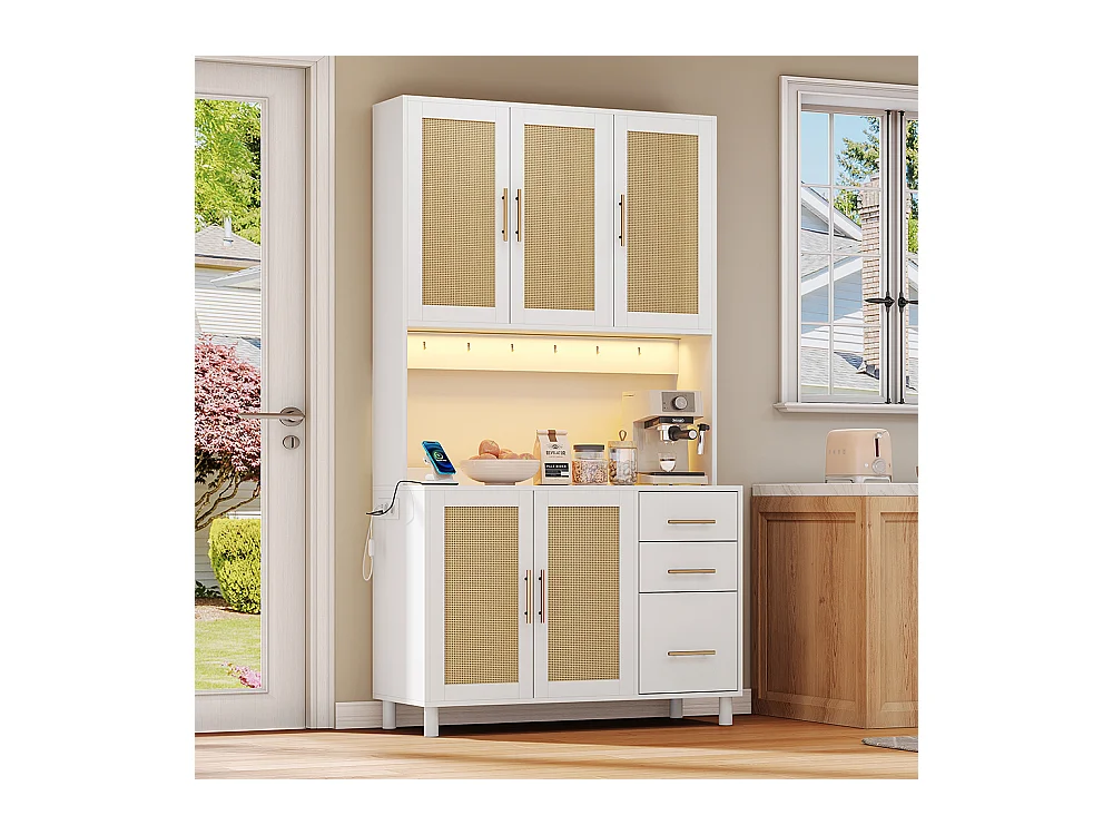 Buffet de cuisine éclairage décoratif LED contrôlé par application 2 ports USB 2 prises étagères réglables 3 tiroirs poignées en métal doré blanc