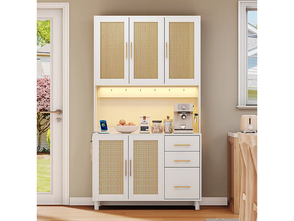 Buffet de cuisine éclairage décoratif LED contrôlé par application 2 ports USB 2 prises étagères réglables 3 tiroirs poignées en métal doré blanc