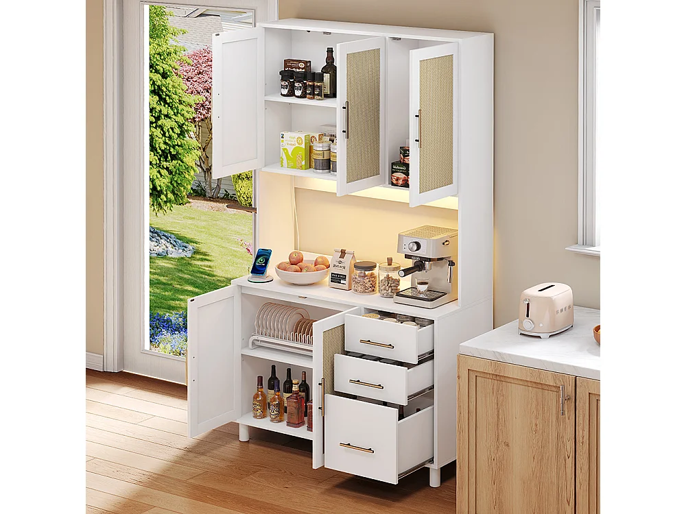 Buffet de cuisine éclairage décoratif LED contrôlé par application 2 ports USB 2 prises étagères réglables 3 tiroirs poignées en métal doré blanc