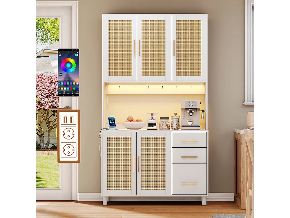 Buffet de cuisine éclairage décoratif LED contrôlé par application 2 ports USB 2 prises étagères réglables 3 tiroirs poignées en métal doré blanc