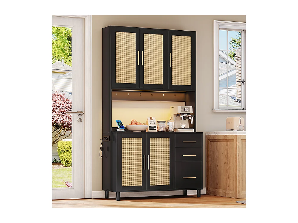 Buffet de cuisine éclairage décoratif LED contrôlé par application 2 ports USB 2 prises étagères réglables 3 tiroirs poignées en métal doré noir