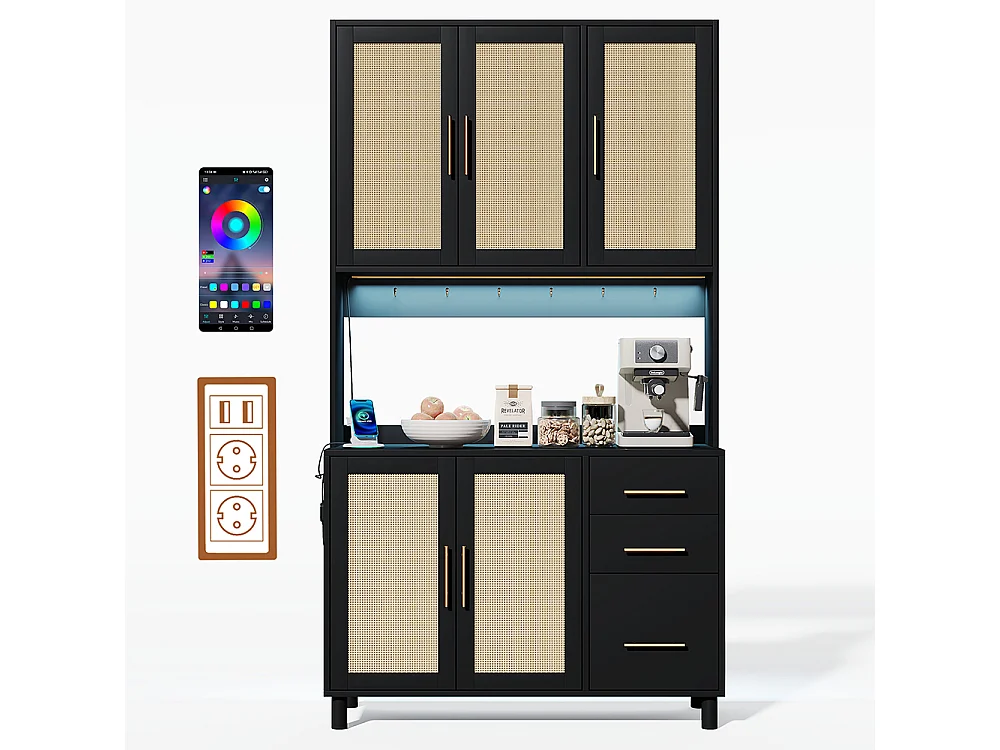 Buffet de cuisine éclairage décoratif LED contrôlé par application 2 ports USB 2 prises étagères réglables 3 tiroirs poignées en métal doré noir