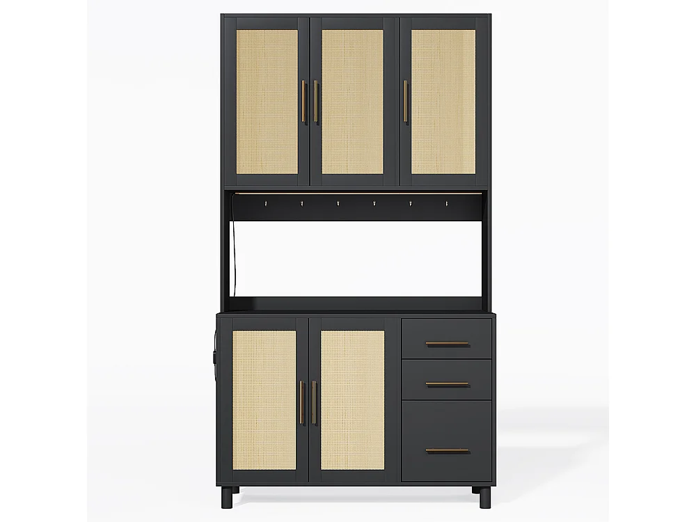 Buffet de cuisine éclairage décoratif LED contrôlé par application 2 ports USB 2 prises étagères réglables 3 tiroirs poignées en métal doré noir