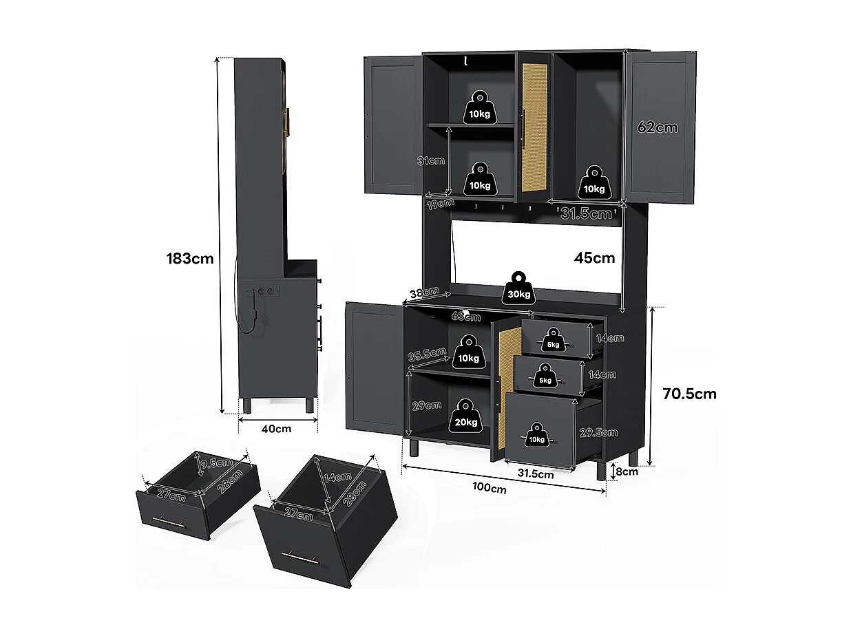Buffet de cuisine éclairage décoratif LED contrôlé par application 2 ports USB 2 prises étagères réglables 3 tiroirs poignées en métal doré noir