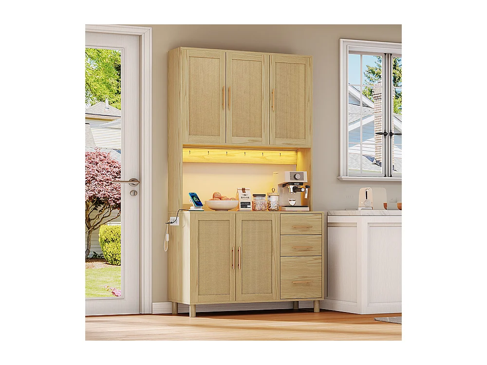 Buffet de cuisine éclairage décoratif LED contrôlé par application 2 ports USB 2 prises étagères réglables 3 tiroirs poignées en métal doré naturel