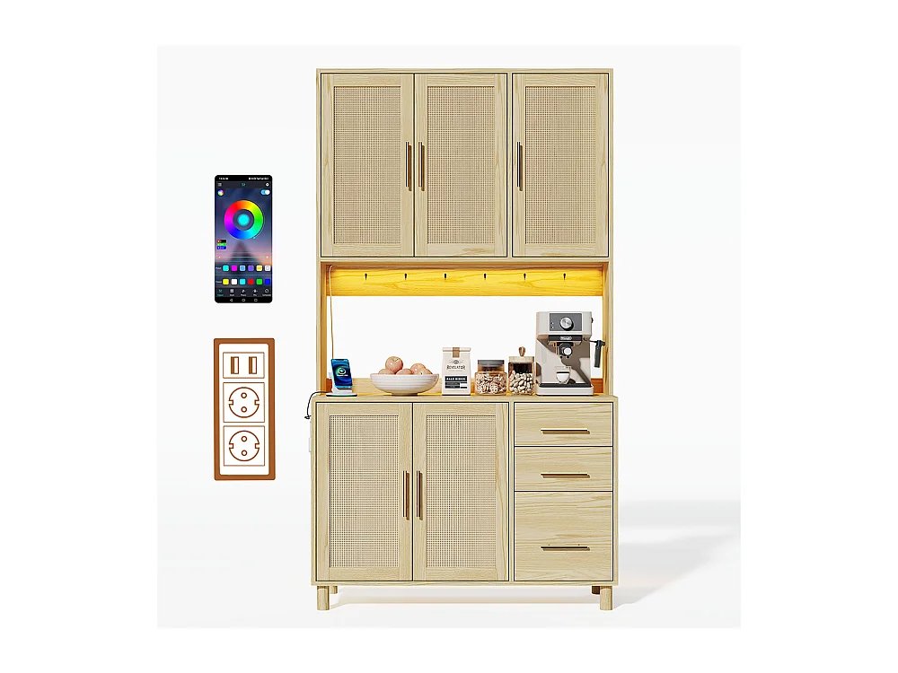 Buffet de cuisine éclairage décoratif LED contrôlé par application 2 ports USB 2 prises étagères réglables 3 tiroirs poignées en métal doré naturel