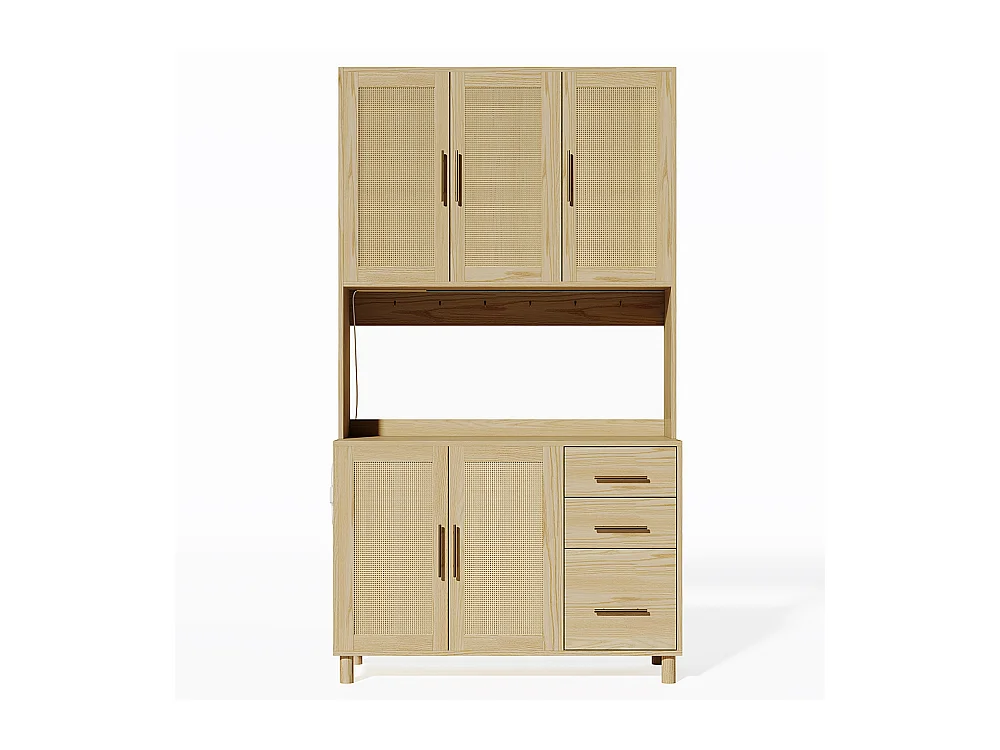 Buffet de cuisine éclairage décoratif LED contrôlé par application 2 ports USB 2 prises étagères réglables 3 tiroirs poignées en métal doré naturel