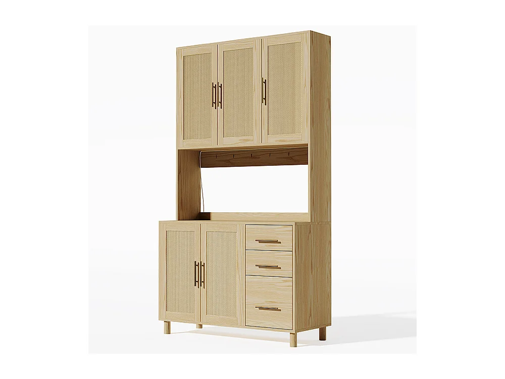 Buffet de cuisine éclairage décoratif LED contrôlé par application 2 ports USB 2 prises étagères réglables 3 tiroirs poignées en métal doré naturel