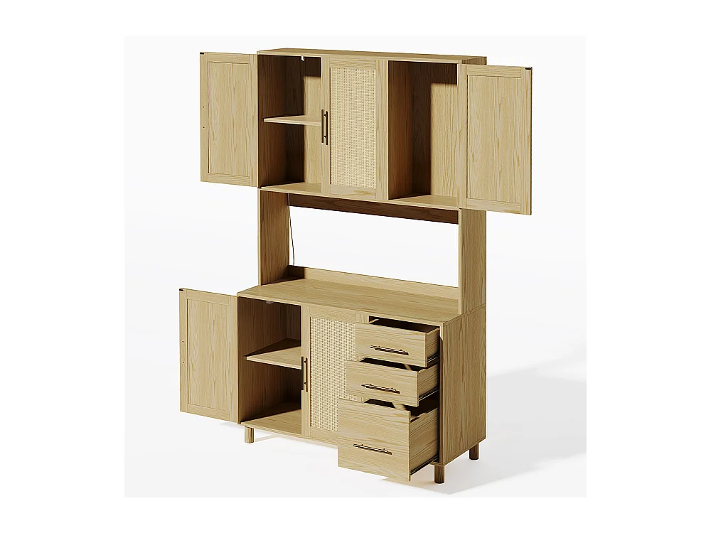 Buffet de cuisine éclairage décoratif LED contrôlé par application 2 ports USB 2 prises étagères réglables 3 tiroirs poignées en métal doré naturel