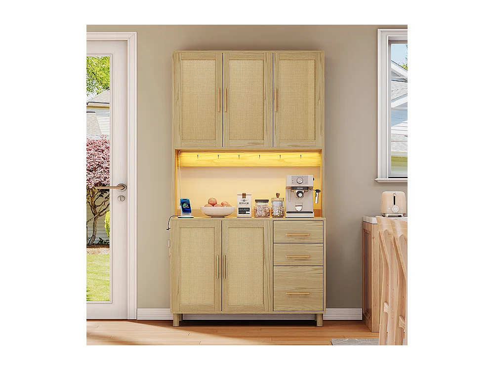 Buffet de cuisine éclairage décoratif LED contrôlé par application 2 ports USB 2 prises étagères réglables 3 tiroirs poignées en métal doré naturel