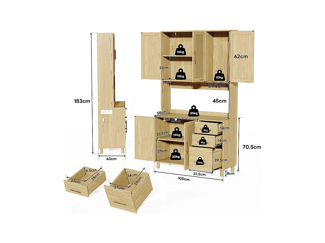 Buffet de cuisine éclairage décoratif LED contrôlé par application 2 ports USB 2 prises étagères réglables 3 tiroirs poignées en métal doré naturel