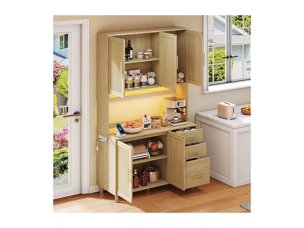 Buffet de cuisine éclairage décoratif LED contrôlé par application 2 ports USB 2 prises étagères réglables 3 tiroirs poignées en métal doré naturel