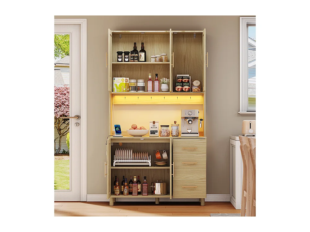 Buffet de cuisine éclairage décoratif LED contrôlé par application 2 ports USB 2 prises étagères réglables 3 tiroirs poignées en métal doré naturel