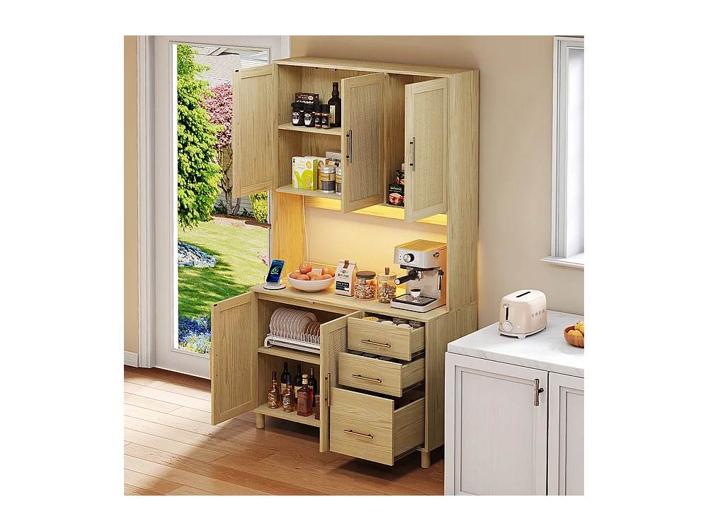 Buffet de cuisine éclairage décoratif LED contrôlé par application 2 ports USB 2 prises étagères réglables 3 tiroirs poignées en métal doré naturel