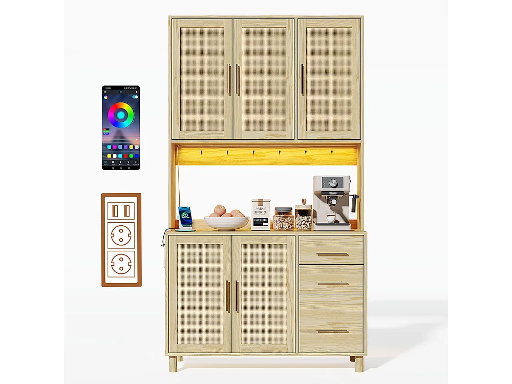 Buffet de cuisine éclairage décoratif LED contrôlé par application 2 ports USB 2 prises étagères réglables 3 tiroirs poignées en métal doré naturel