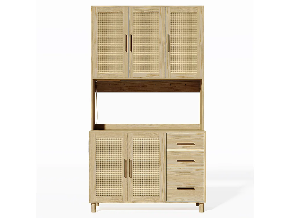 Buffet de cuisine éclairage décoratif LED contrôlé par application 2 ports USB 2 prises étagères réglables 3 tiroirs poignées en métal doré naturel